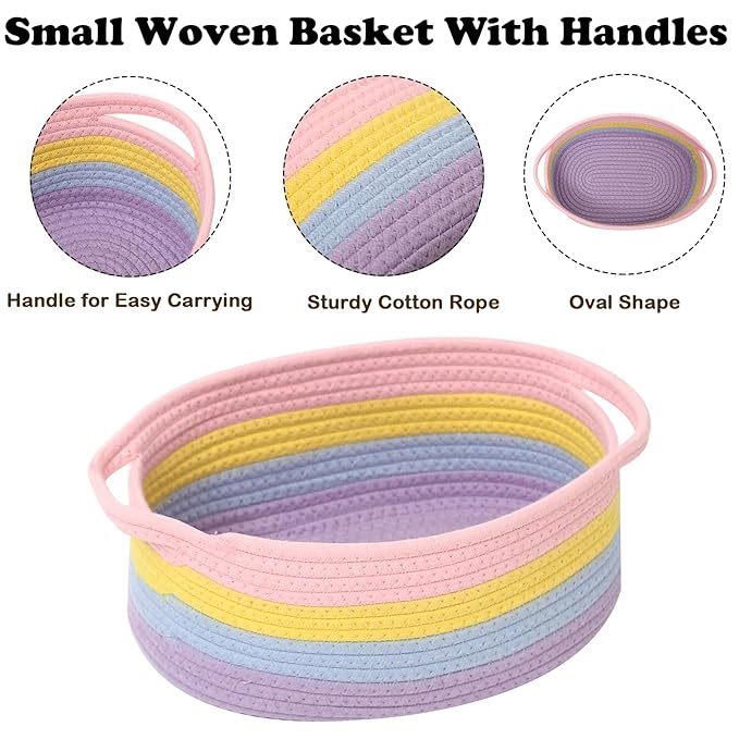 Small Woven Rope Basket-Empty Gifts Basket with Bag and Ribbons,Cute Handle Organizer Box for Birthday/Baby Shower, Toy Storage, Nursery Organizing & Shelf Decor(Rainbow Pastel)