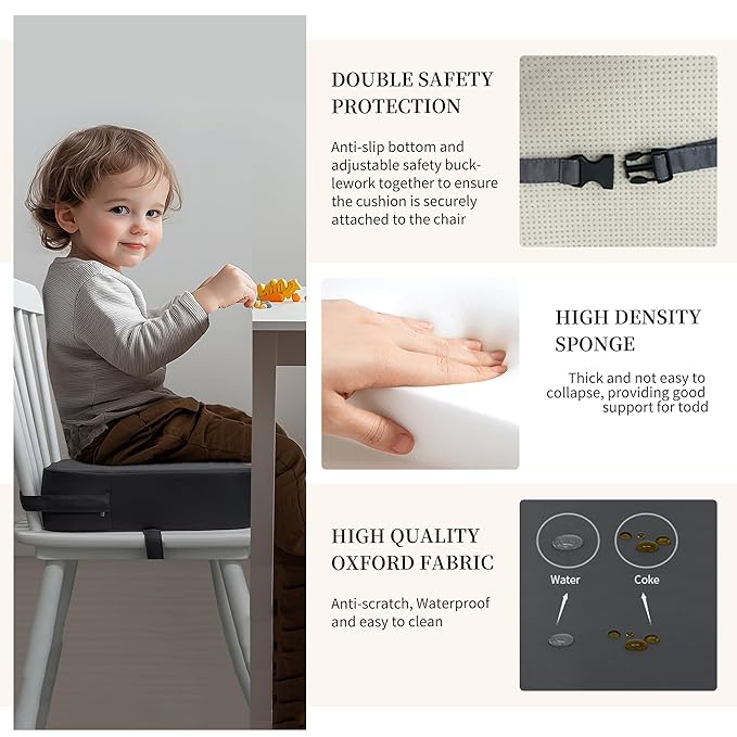 Toddler Booster Seat for Dining Table, Waterproof Kids Booster Seat for Kitchen Chair, High Density Foam Cushion with Non-Slip Bottom, Washable Cover & Adjustable Straps (Dark Grey)