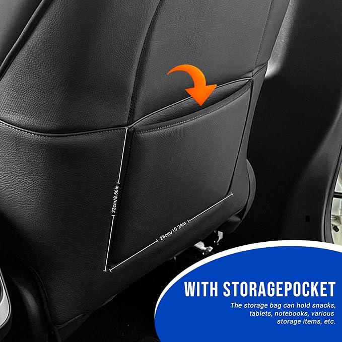 INFIVITA Automotive Seat Back Protector for Tesla Model 3/Y (2017-2025) - Waterproof Leather Kick Mat with Storage Pocket