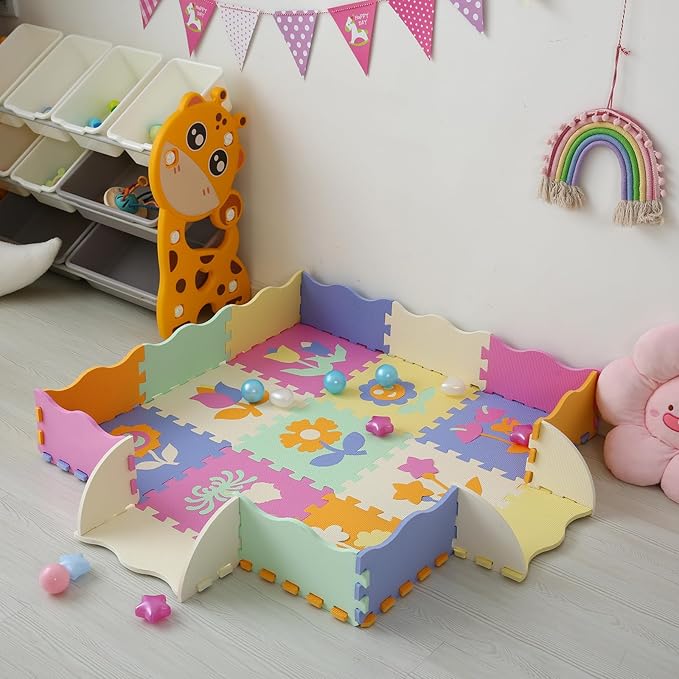 Tamiplay Foam Play Mat for Kids，25Pcs Square Interlocking Puzzle Floor Mat，Baby Play Mat Floor Mat Foam Puzzle Playmat for Toddlers with Fence（Flower-CSH037