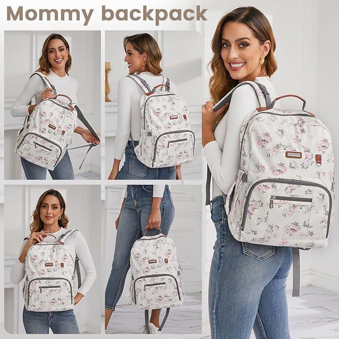 BILLITON MASHI Diaper Bag Backpack, Large Baby Nappy Bags with Portable Changing Pad for Boys and GirlsMultifunction Travel Baby Bag for Moms Dads, Shower Gifts Waterproof and Stylish，Flower Beige