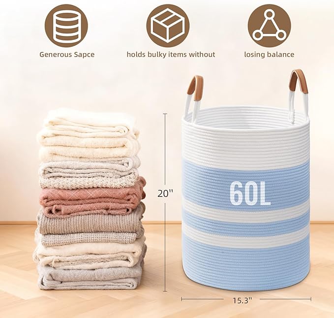Degeyoyo 60L Striped Laundry Basket, Blue Laundry Hamper with Leather Handles, Woven Cotton Rope Storage Bin for Blankets, Nursery Hamper for Clothes, Toys In Bathroom, Livingroom, Bedroom