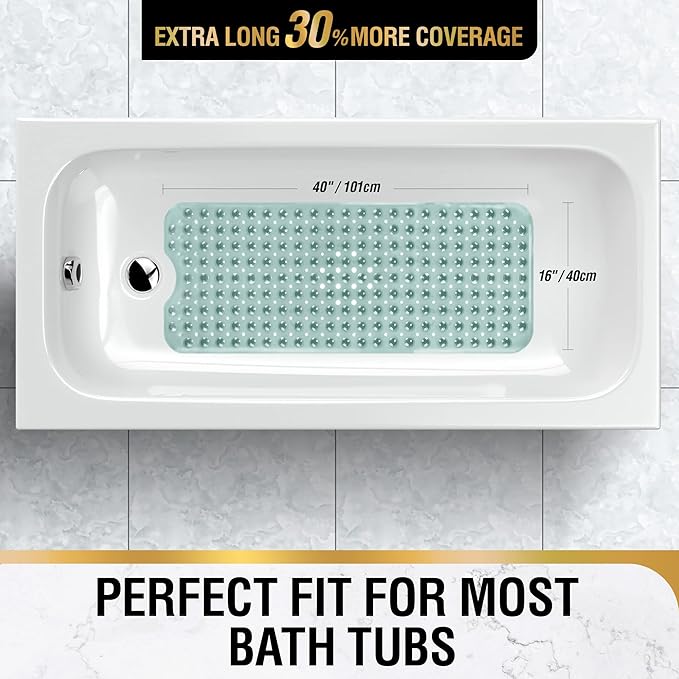 HITSLAM Bath Mat for Tub, Non Slip Bathtub Mat, 40 x 16 Inch Extra Long Bath Tub Mat, Machine Washable Bathroom Shower Mat with Suction Cups and Drain Holes, Soft on Feet, Clear Green