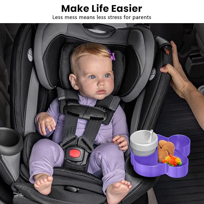 Car Seat Tray - Convert Cup Holder to a Tray for Snacks, Toys, 360° Rotatable for Kids Travel, Booster, Stroller and Anywhere (Purple)