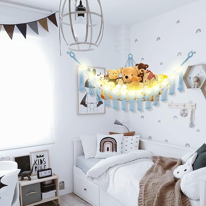 CERETIA Stuffed Animal Hammock with LED Light, Large Stuffed Animals Storage Corner Plushie Net for Kids Room Decor, Baby Blue