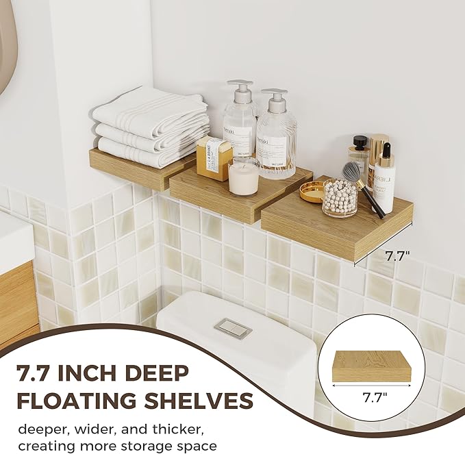 Fun Memories Small Floating Shelves for Wall - 8 Inch Square Wall Shelves with Invisible Brackets, Oak Shelves for Bathroom, Living Room, Bedroom, and Kitchen Decor, Set of 3