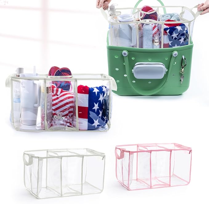 AMOIGEE Clear Beach Bag Organizer Insert with 3pcs Accessories for XL Bogg Bag Inserts - Tote Bag Divider with Sunglasses Holder, Phone Holder and Clips Hooks - Beach Tote Insert Organizer Liner