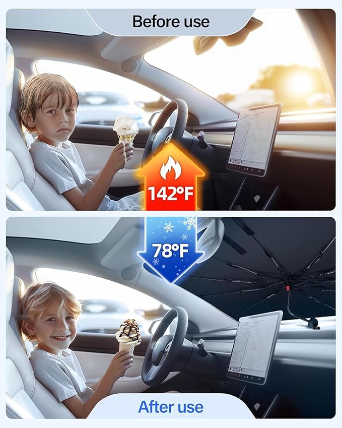 [2025 Upgrade] Windshield Sun Shade Umbrella, Foldable Car Sun Shade with Vinyl Coating Heat Shield UV Ray Reflector Keeps Cool and Protect Interior, for Auto Trucks Sedan SUV (61" x 31")