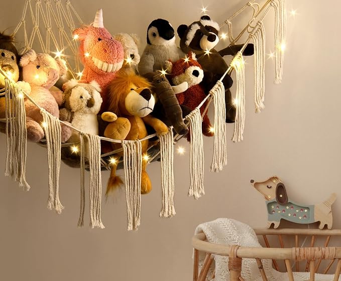 Stuffed Animal Hammock Corner Storage with LED Light - Plush Hammock Large Plushie Net
