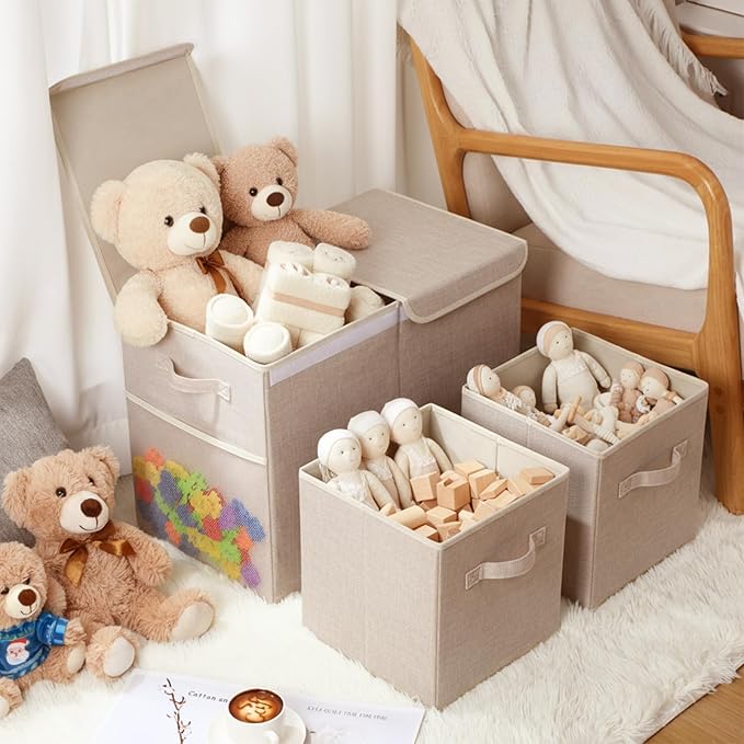 Fiwochic 3 Pack 23" Large Toy Storage Box with 11" Cubes Bins, Collapsible Toy Organizer Chest with Lids for Kids Nursery Playroom Bedroom Living Room Christmas Ornament Storage Box(Beige)