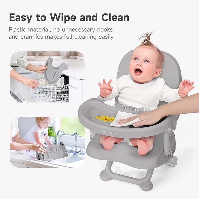 YOLEO Baby High Chair Booster Seat for Dining Table, Foldable High Chairs with Adjustable Heights, Travel Booster Seat with Removable Tray