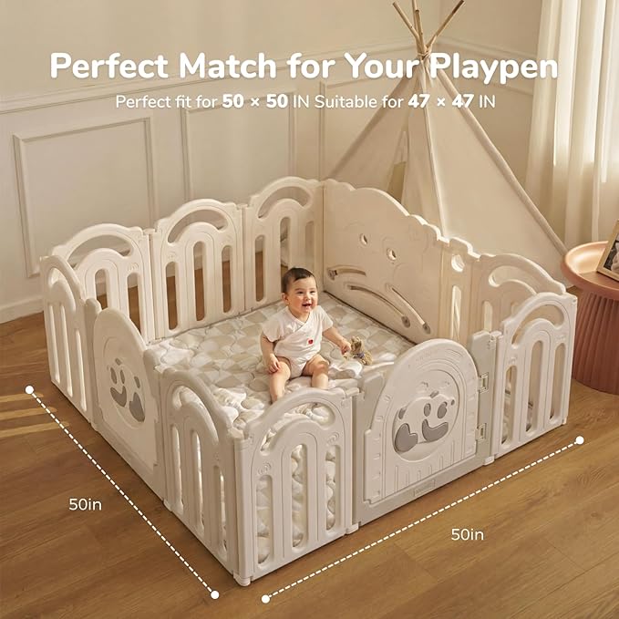 Momcozy Baby Play Mat for Floor, 50x50 Thickened Playpen Mat, Playmate for Baby Tummy Time, Waterproof & Non-Slip, Foldable Outdoor Mat with Carrying Handle, Khaki Plaid