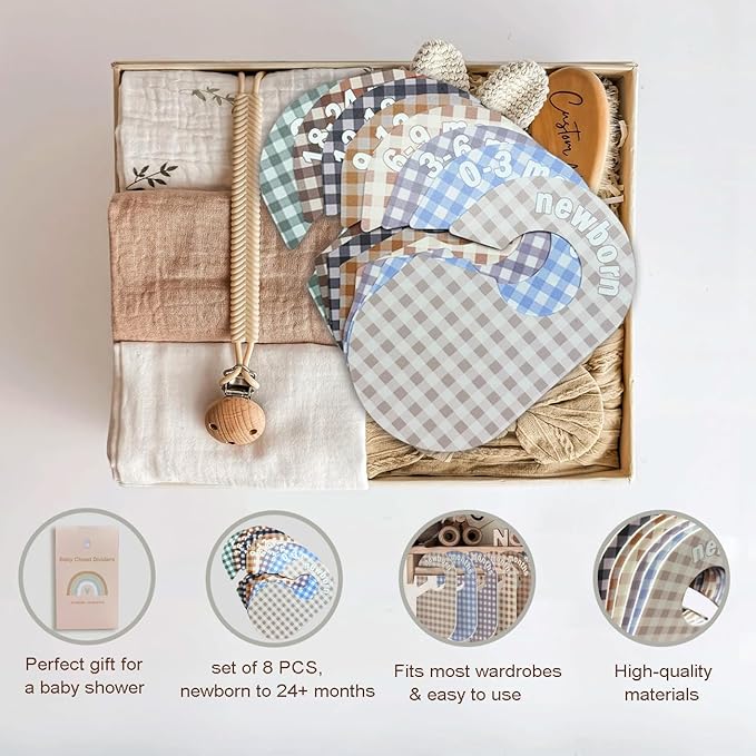 Baby Closet Divider, Baby Wardrobe Organizer, Double-Sided Pastel Gingham Design, Nursery Decor Clothes Hanger Dividers for Sorting 8 Sizes from Newborn to 12+ Months