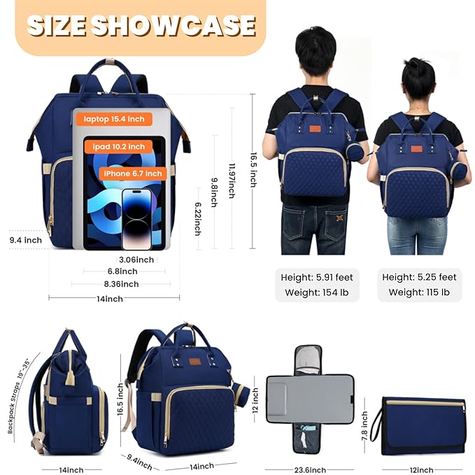 ROSEGIN Diaper Bag Backpack with Changing Pad, Pacifier Case, Baby Bag for Boy Girl Toddler - Large, Stylish, Waterproof Travel Quilted Diaper Bag for Mom - Baby Shower - Navy Blue