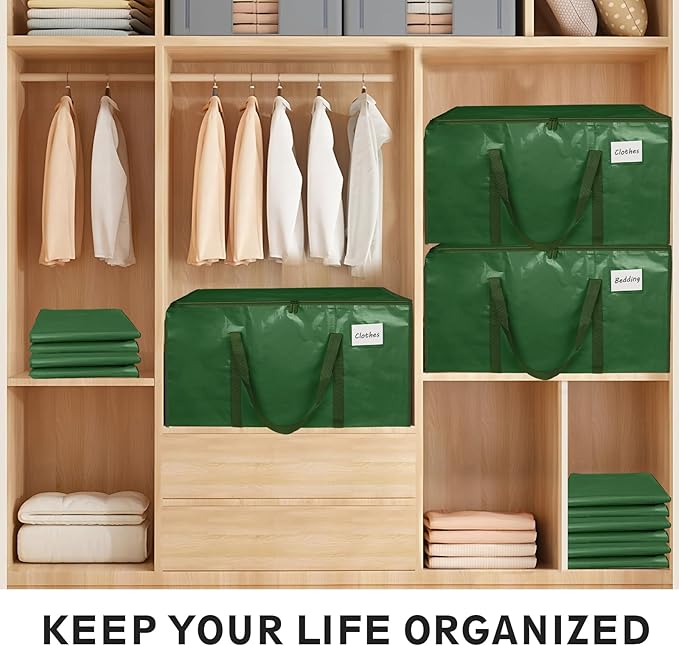16 Pack-Extra Large Heavy Duty Moving Bags - Waterproof Storage Totes with Handles & Zippers, Foldable for College Dorm, Storage (olive green)