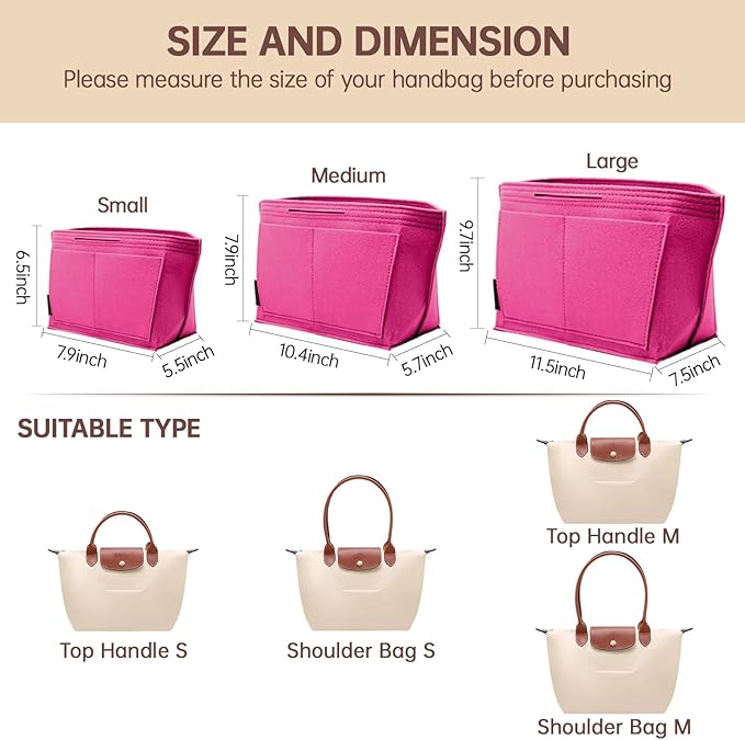 OPPOSHE Purse Organizer Insert for Longchamp Le Pliage, Premium Felt Long Champ Bag Handbag Women, Tote Organizer Insert with 6 Compartments (Small, Rosy)