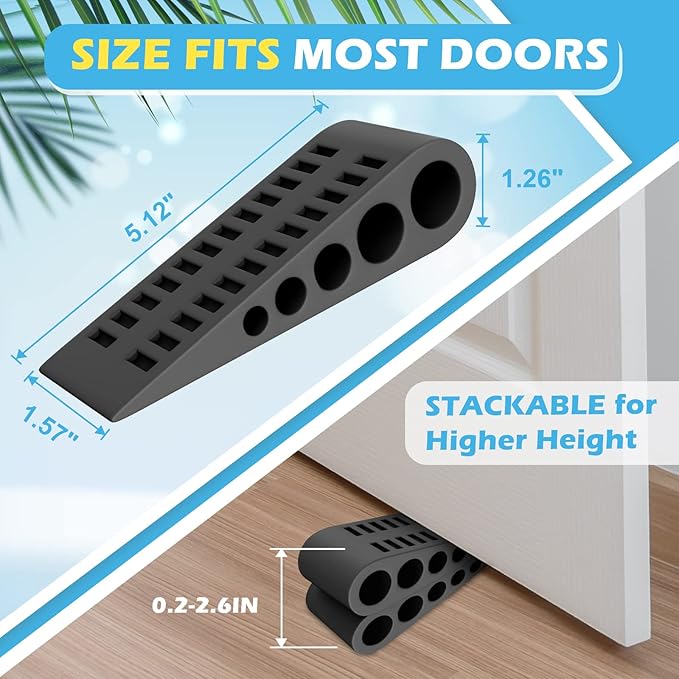 Rubber Door Stoppers for Bottom of Door - Door Stop Wedge with Holder for Home Office Stackable on Multi Floor Carpet Concrete Tile Linoleum & Wood Heavy Duty Doorstop No Sliding Drilling Black