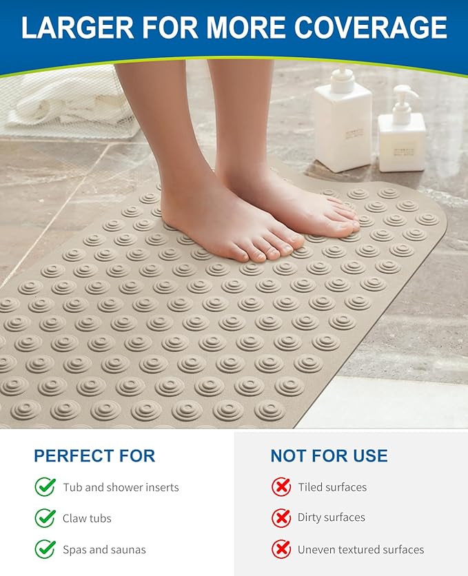 Bathtub Mat Non-Slip Without Suction Cups, 39x16inch Extra Long Bath Mats for Shower Bathroom, Machine Washable Natural Rubber Shower Tub Mat (39x16inch, Brown)