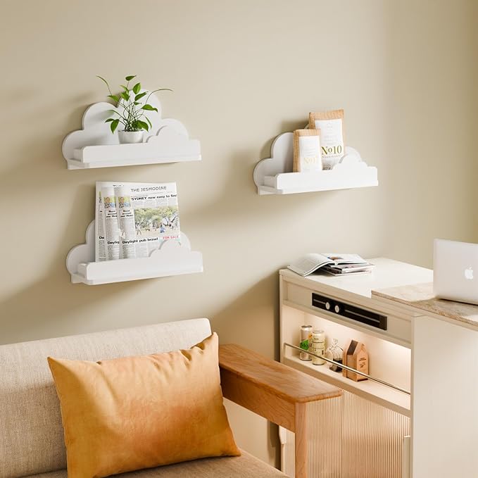 Beskadi Cloud Shelves for Kid’s Room Nursery Wall Deor Set of 3, White Cloud Bookshelf Floating Shelf, Small Figure Shelf Wall Mounted, Cute Decorative Cloud Floating Shelf for Toys, Plants & Storage