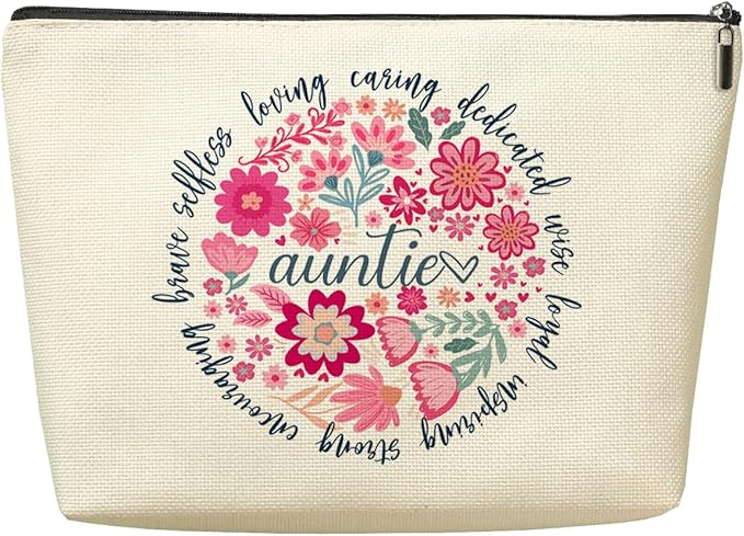 Auntie Aunt Gifts Makeup Bag，Auntie Gift Ideas,Aunt Birthday Gifts for Women New Aunts Anniversary Appreciation Cosmetic Bags,Abstract Floral Zipper Pouch Travel Toiletry Bag Accessories Organizer