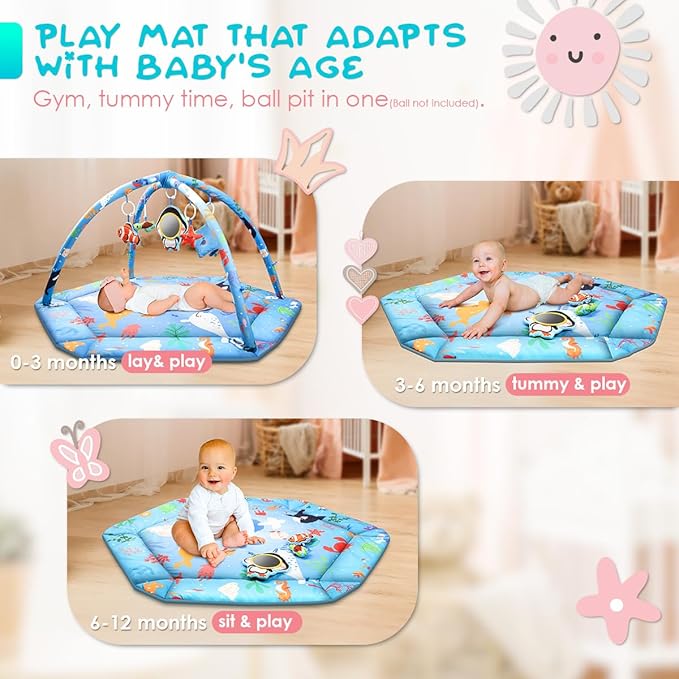 Baby Play Mat,Tummy Time Mat with 6 Detachable Toys-Activity Gym for Visual, Auditory & Motor Development-Washable Baby Activity Mat for 0-12 Month Infants(Ocean)