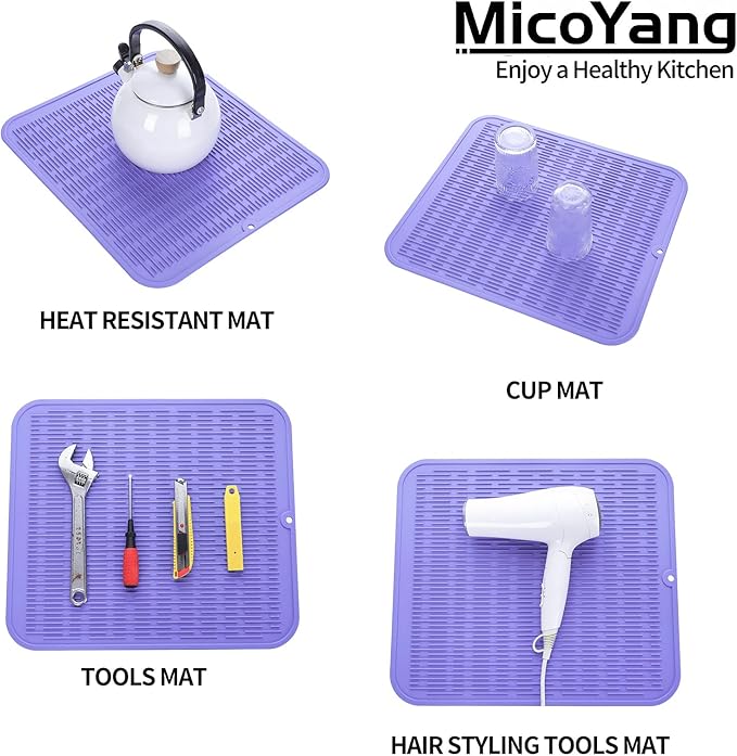 MicoYang Silicone Dish Drying Mat for Multiple Usage,Easy clean,Eco-friendly,Heat-resistant Silicone Mat for Kitchen Counter or Sink,Refrigerator or Drawer Liner Light Purple XL 18 inches x 16 inches