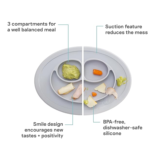 ezpz Mini Mat (Pewter) - 6 -12 Months+ - 100% Silicone Suction Placemat + Divided Plate with Three Compartments - Supports Baby-Led Weaning - Designed for Highchair, Table, and Travel