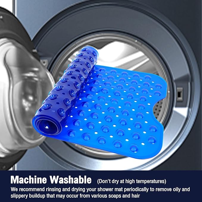 Extra Long Bathtub Mat Non Slip, Clear Navy Blue Soft Bath Mat for Tub 40 x 16 Inch Full Size, Long Shower Mats for Bathroom Floor, Big Suction Cups and Drain Holes, Easy Washable, BPA Free