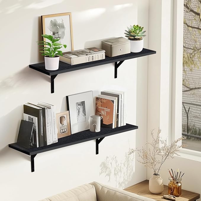 Heavy Duty Long Wall Shelves Set of 2, Floating Shelves Wall Mounted with Industrial Brackets, 40lbs Capacity Shelves for Laundry Room, Kitchen, Bathroom, Living Room (31.5"*8",Black)