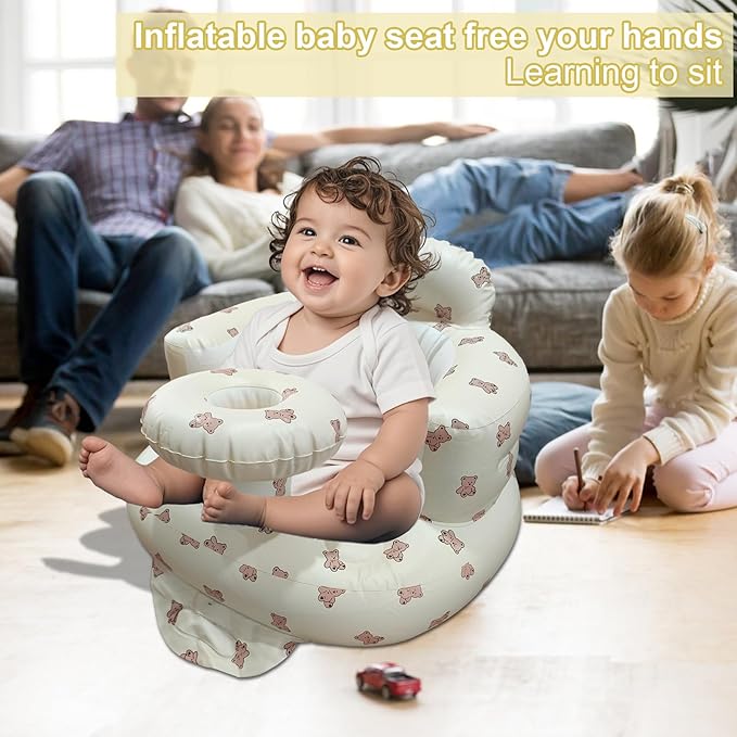 Inflatable Baby Seat for Babies 3-36 Months, Baby Chair with Fence & Built in Air Pump, Blow Up Floor Baby Seat with Back Support, Inflatable Baby Chair Sit Me Up for Home Bear-Tray
