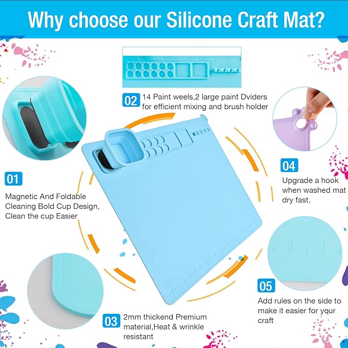 Lymoc Painting Stations,Silicone Art Mat [1x Apron,1 Pair Oversleeve,20 Pieces Brushes] Painting Craft Mats 21"X17" with Detachable Cup for Resin for Kids Gift,Paint, Clay, DIY Projects