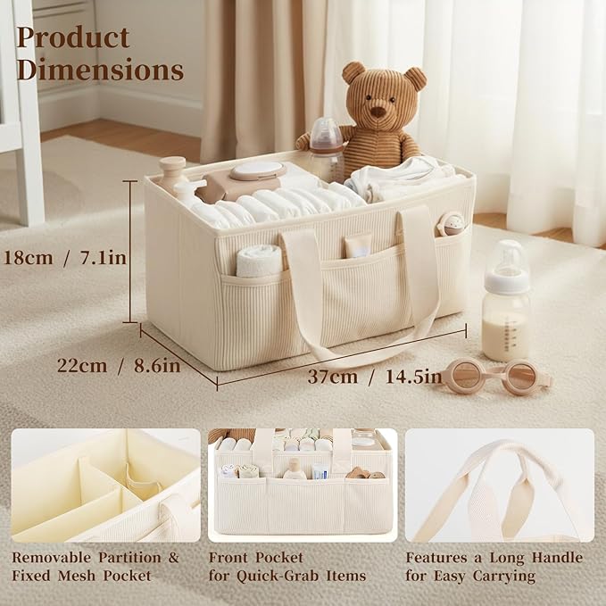 Baby Diaper Caddy Organizer with Portable Changing Mat-Portable Baby Organizers and Storage, Baby Essentials Organizer with Removable Dividers (Corduroy)