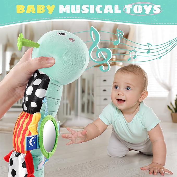 Baby Toys 6-12 Months Music Caterpillar,Stuffed Animals Infant Toys 0-3-6 Months,Teething Sensory Toys Tummy Time with Mirror Crinkle Rattle&Pull String for Boys Girls Gifts Birthday|Blue