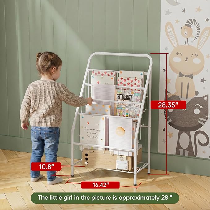 JAQ Kids Bookshelf, 4-Tier Metal Sling Kid Display Bookshelves Bookcase with Toy Storage in Baby Library Room Classroom Playroom for Toddlers Nursery Children (4-tier/28.35inch, White)