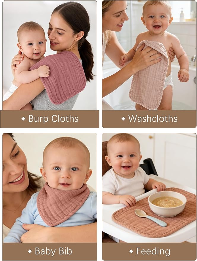 Lovely Care 12 Pack Muslin Burp Cloths 100% Cotton Muslin Cloths Large 20''x10'' Extra Soft and Absorbent Baby Burping Cloth - Warm Clay