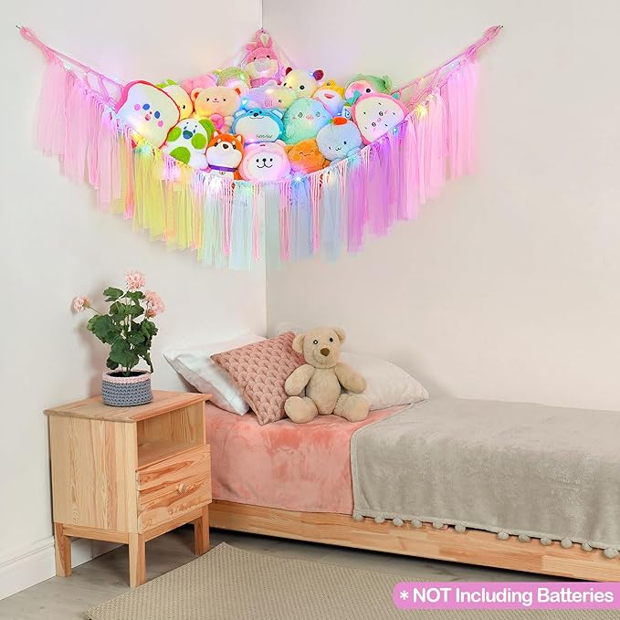 FIOBEE Stuffed Animals Net or Hammock with LED Light, Toy Hammock Hanging Stuffed Animals Storage Organizer Holder Room Décor for Nursery Kids Bedroom