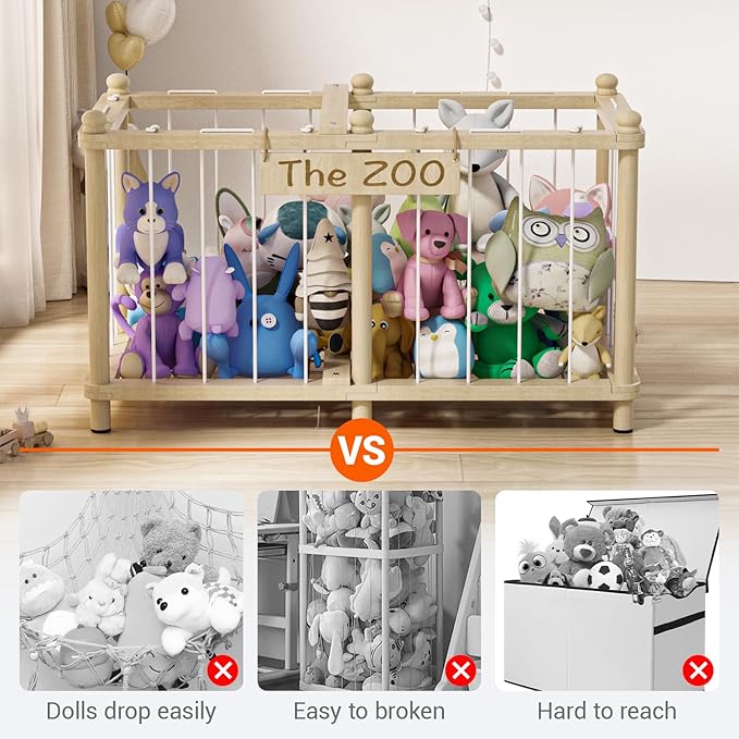 Viktorpai Stuffed Animal Storage Zoo, Wooden Toy Organizers and Storage, Large Capacity Kids Stuffy Organizer, Space Save Stable Plushies Holder Cage for Toddler Room, Bedroom, Playroom & Nursery