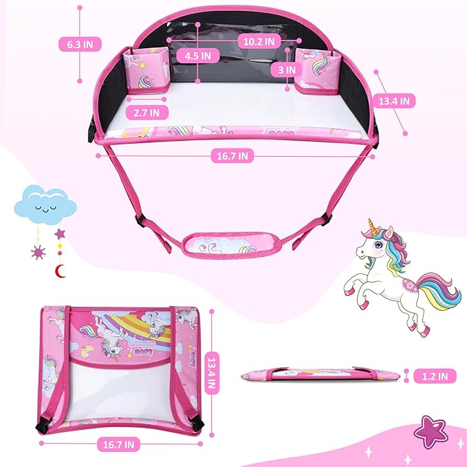Kids Travel Tray for Toddler Carseat, Road Trip Activities Essentials, Kids Lap Desk Tray with Tablet Holder Stand and Dry Erase Board, Pink Unicorn
