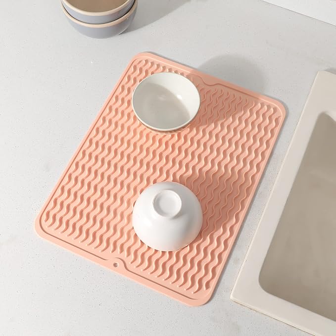 MicoYang Silicone Dish Drying Mat for Multiple Usage,Easy clean,Eco-friendly,Heat-resistant Silicone Mat for Kitchen Counter or Sink,Refrigerator or drawer liner Pink L 16 inches x 12 inches