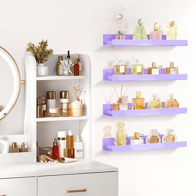 RORKIM 4 Pack 15 Inch Purple Acrylic Shelves, Kids Floating Bookshelf for Kids Room, Modern Nail Polish Rack Sunglasses Essential Oil Picture Ledge Display Toy Storage Wall Shelf