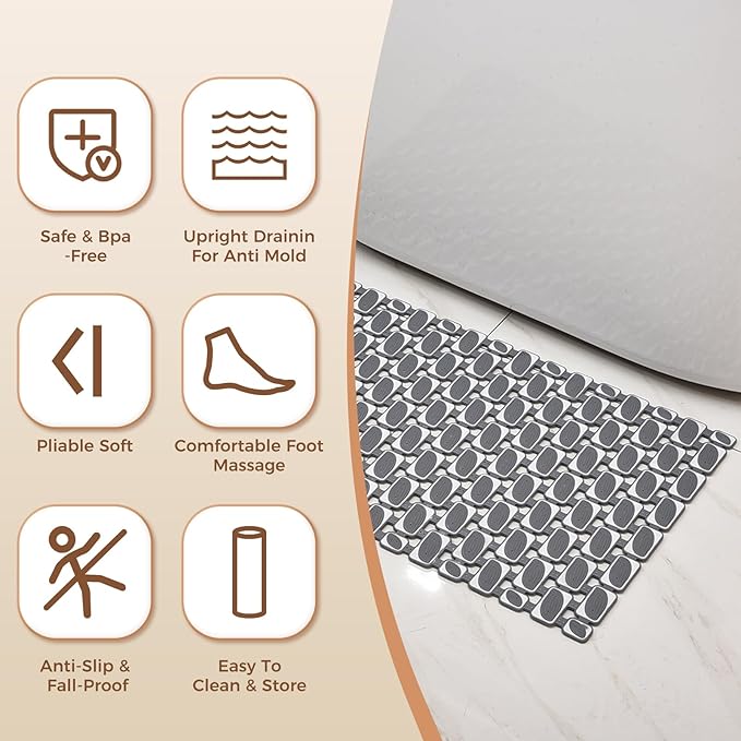 PuoWeo Bathtub Mats Non Slip for Bathroom with Suction Cups and Drain Holes 27.6 * 15.7 Inch Shower Mat for Inside Shower, Quick Dry Bath Mat for Baby Kids Seniors, Easy to Cut Easy Dry