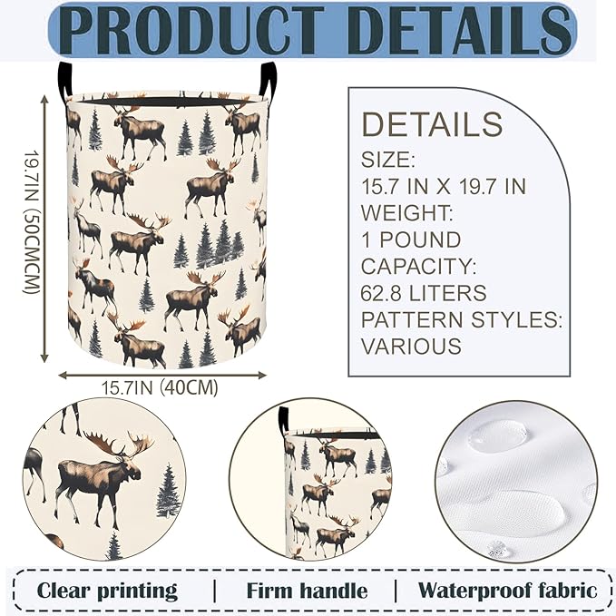 Forest Moose Laundry Basket Hamper 19.7"x15.8", Rustic Animal Foldable Waterproof Oxford Clothes Storage Bucket for Room Bathroom Bedroom Nursery Decor, Toy Organizer Bins Gifts for Kids Boys Girls