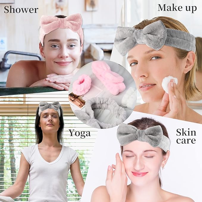 12 PCS Face Wash Headband Wristband Set for Women Girls, Soft Microfiber Facial Spa Hair Wraps Makeup Skincare Bath Headbands Wrist Bands for Washing Face（White, Pink, Gray, Black）