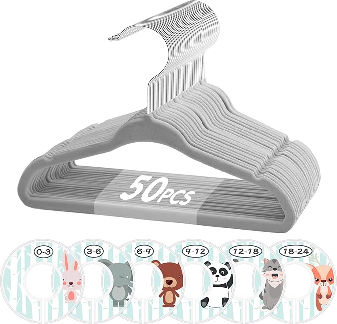 VIS'V Baby Hangers, 11 Inch Velvet Kids Hangers with 6 Pcs Clothes Size Dividers, Infant Toddler Nursery Closet Organization, Non Slip, Gray, 50 Pcs