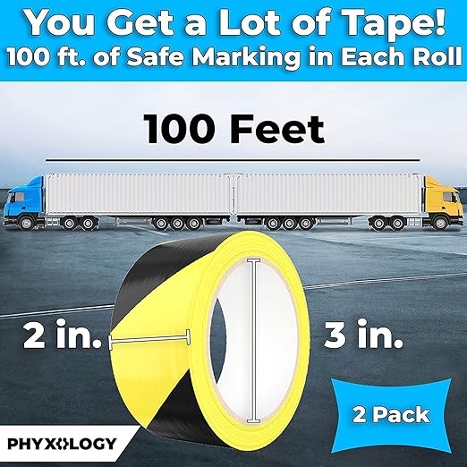 Double-Roll of Ultra-Adhesive Black & Yellow Hazard Tape for Floor Marking 2 Pk. Mark Floors & Watch Your Step Areas for Safety with High-Visibility Anti-Scuff Striped Vinyl by Phyxology Supply.