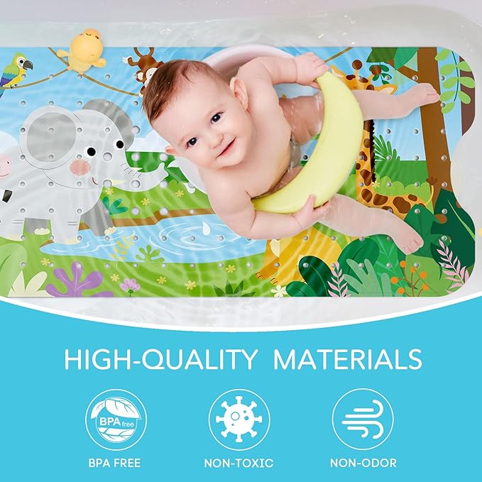 SHUCHING Baby Animal Bath Mat for Tub Non Slip-40 X 16 Inch, Bathtub Mat Non Slip for Kids Baby, Toddler Long Shower Mat for Bathroom
