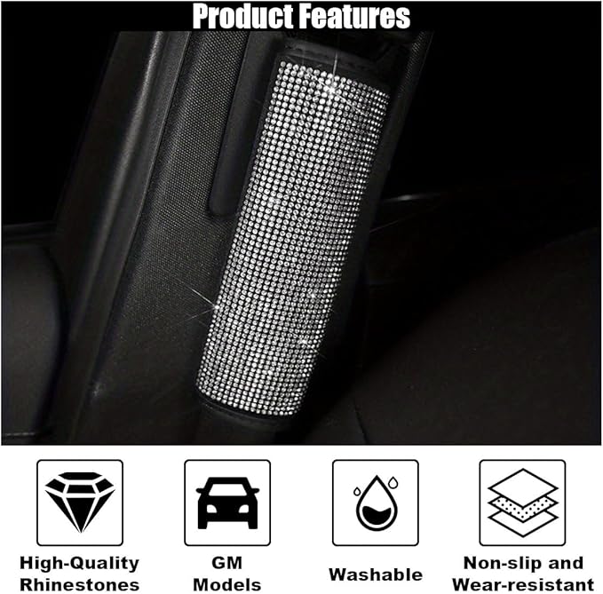 2PCS Bling Car Seat Belt Shoulder Pads, Bling Rhinestones Seat Belt Covers for Women, Car Seatbelt Strap Pad with Crystal Diamond, Car Interior Accessories for Car SUV (White Diamond)