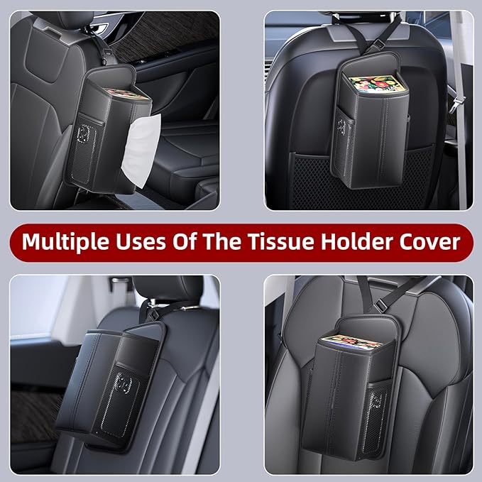 Car Tissue Holder for Front Seat, Headrest Organizer with 2 Side Mesh Pockets for Phones & Cards, tissue box cover square Fits 150 Tissues, Durable PU Leather