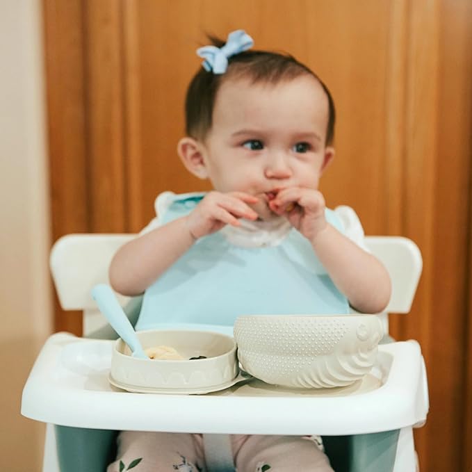 Miniware Sensory Starter Set with Sensory Baby Bowl, Baby Spoon, Roll & Lock Bib - Easy to Clean Baby Feeding Set to Promote Self-Feeding- Toddler Feeding Essentials - Oat