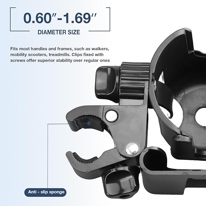 2-in-1 Walker Cup Holder with Reversible Phone Holder，Fit for Wheelchair, Rollator, Scooter, Bike, Mobility, Camper, Stroller with Sturdy,Rotatable,Adjustable and Anti - Slip Clip